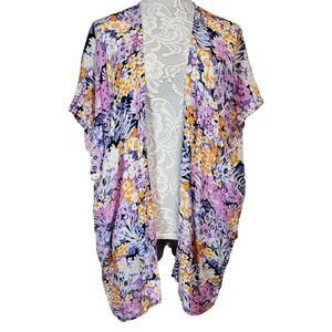 Loft Outlet Floral Kimono Wrap Purple Orange Modal Open Front Cardigan XS/S
